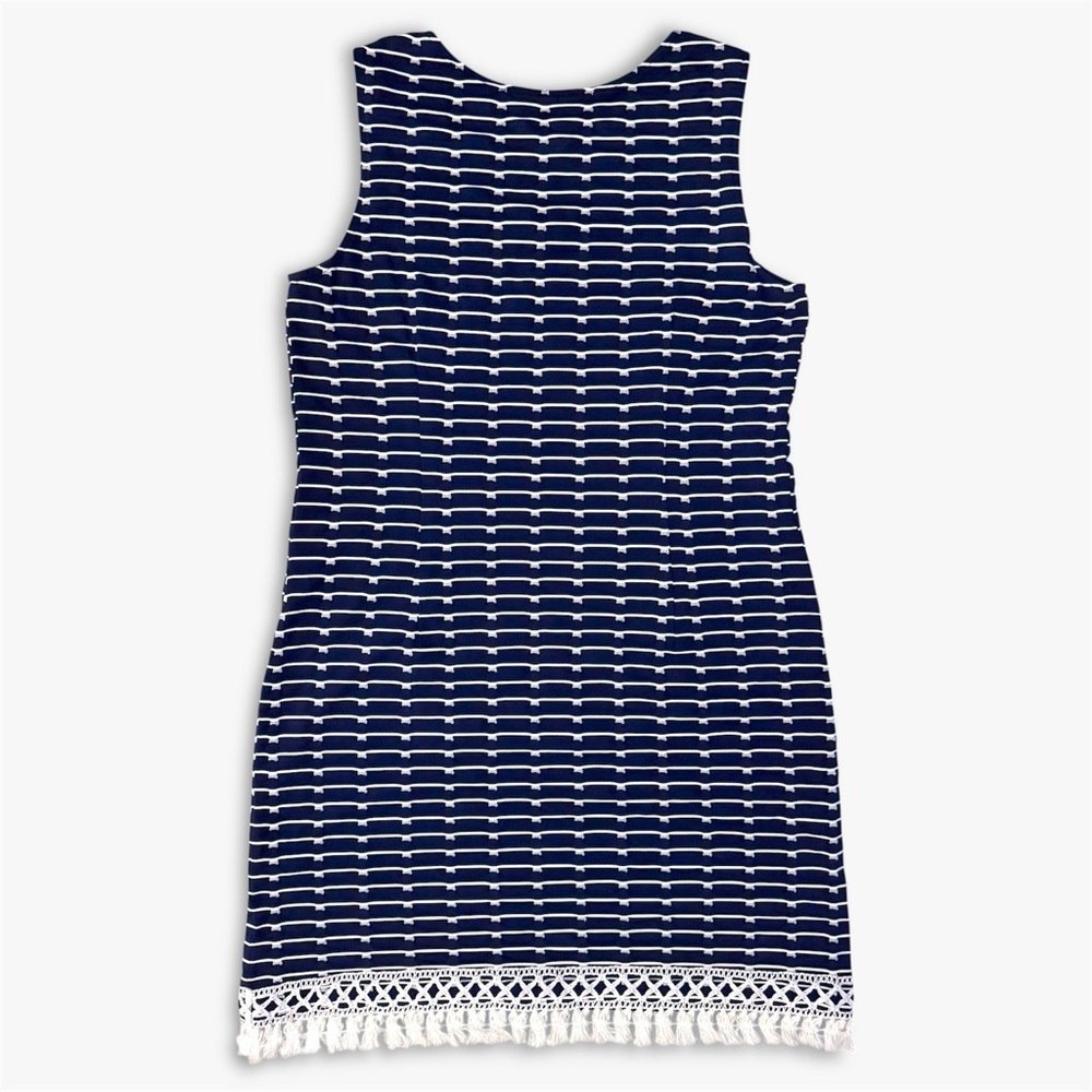 Sara Campbell Navy Stripe Shift Dress Tassel Fringe Hem Fully Lined Stretch M - Picture 3 of 13